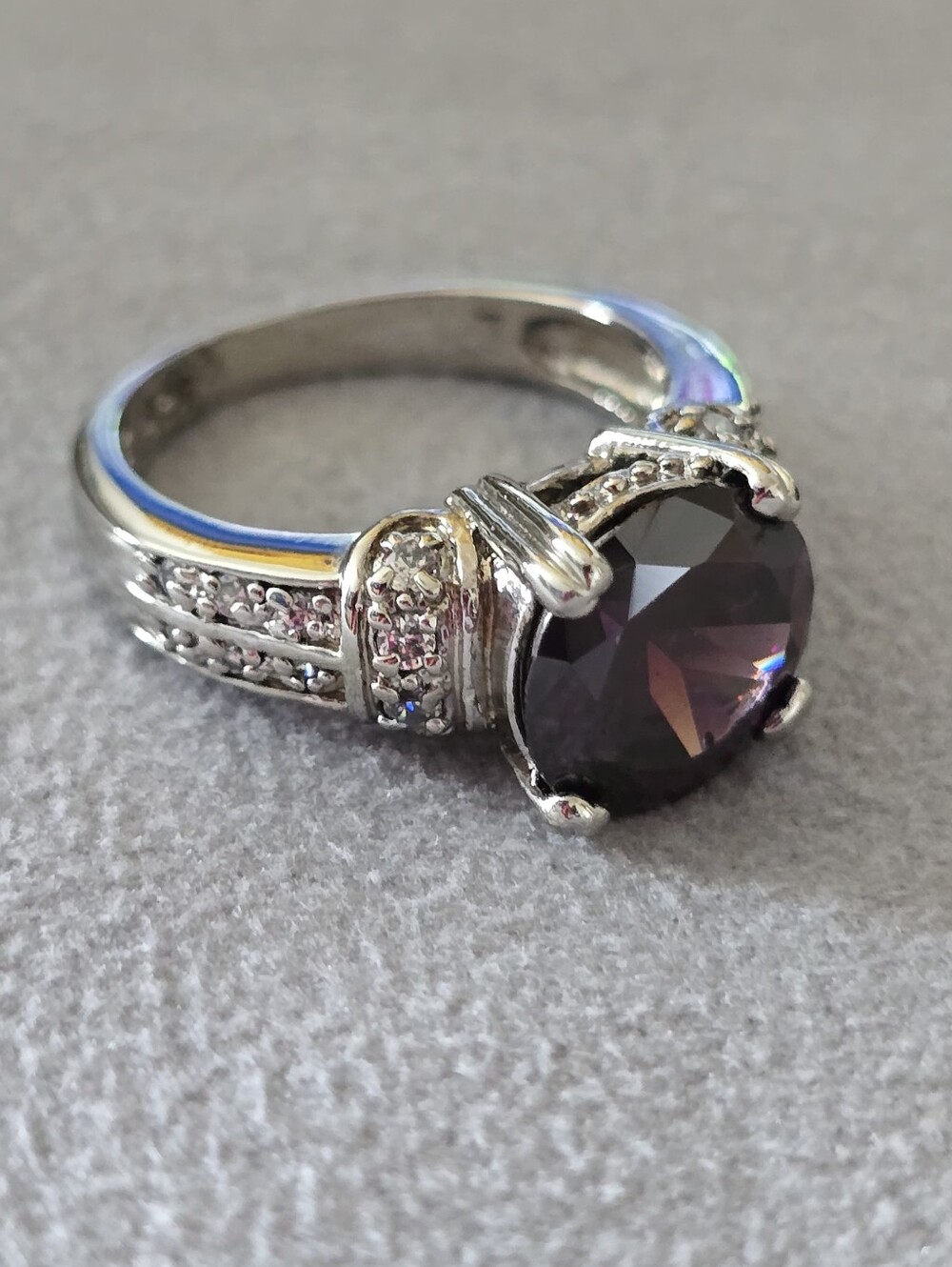 Signed Ross-Simons Sterling Silver Amethyst & Diamond Cathedral Cocktail Ring